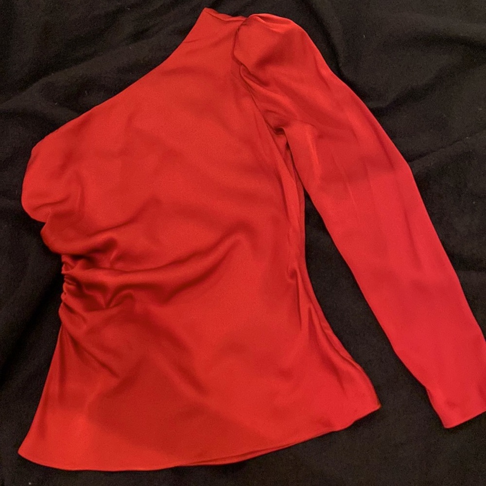 Silk Intermix One-shoulder Blouse